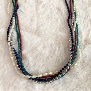 Vintage Multi Strand Beaded Necklace Teal, Red, Navy Blue, White, Silver